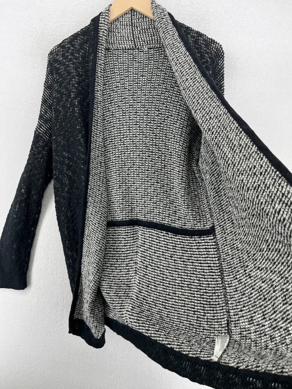 EILEEN FISHER Cardigan M Organic Cotton Thermal Stitch Open Front Black White